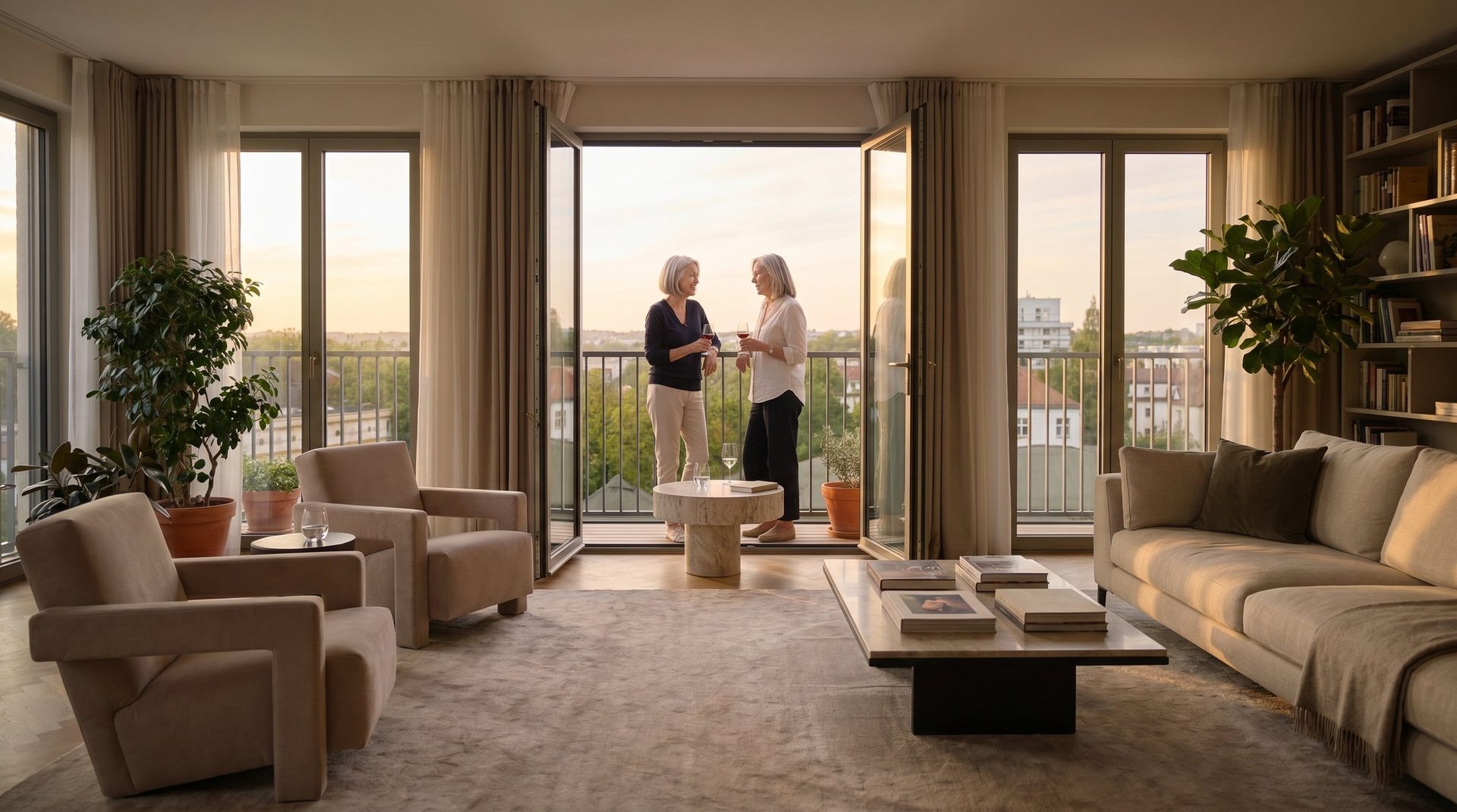 Zwei Frauen mit Weinglas auf dem Balkon vor dem Hofheimer Abendhimmel — City Quartier