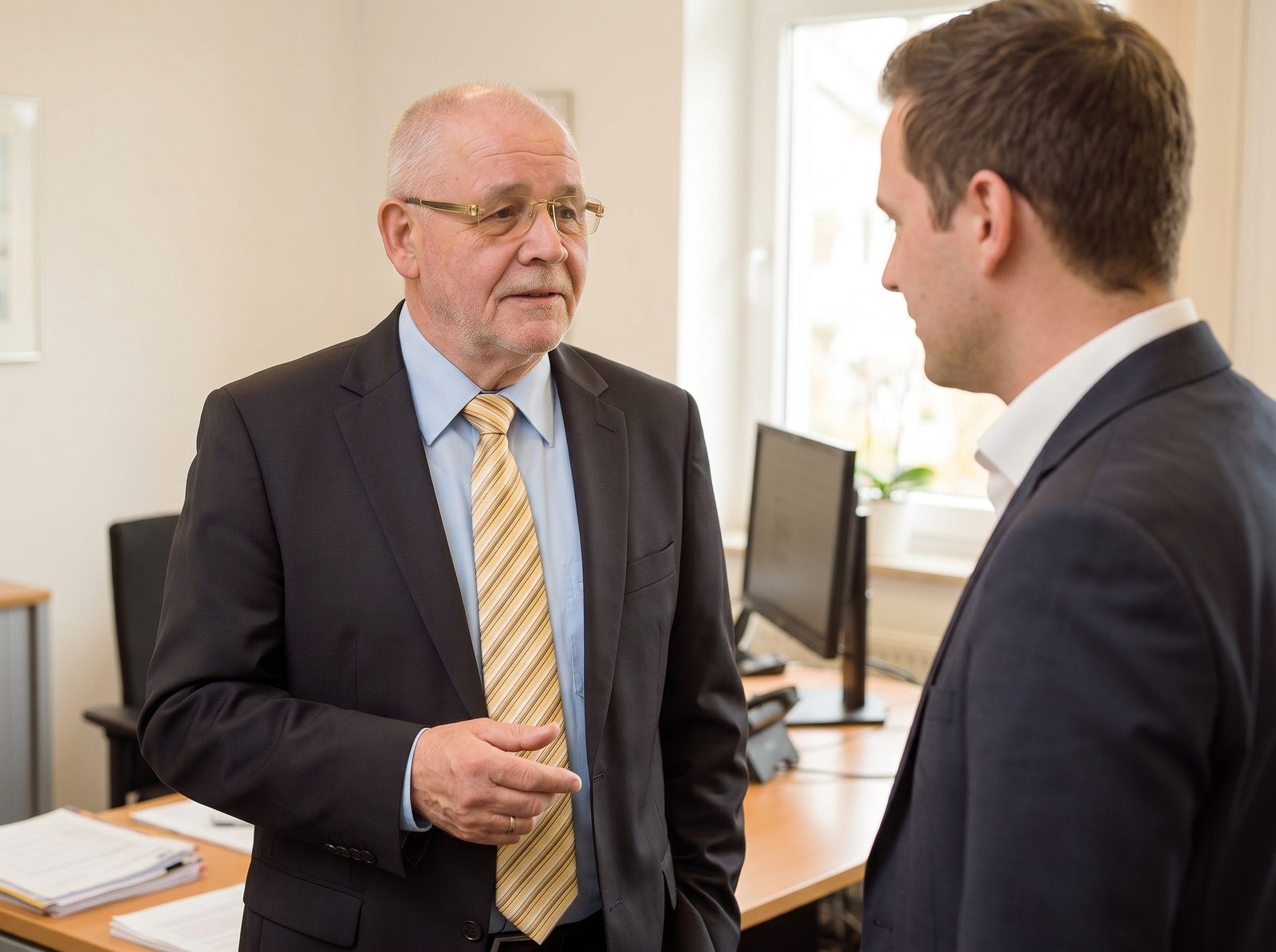 Carroll King Kömpel im Beratungsgespräch mit einem jüngeren Käufer im Hofheimer Christmann-Büro
