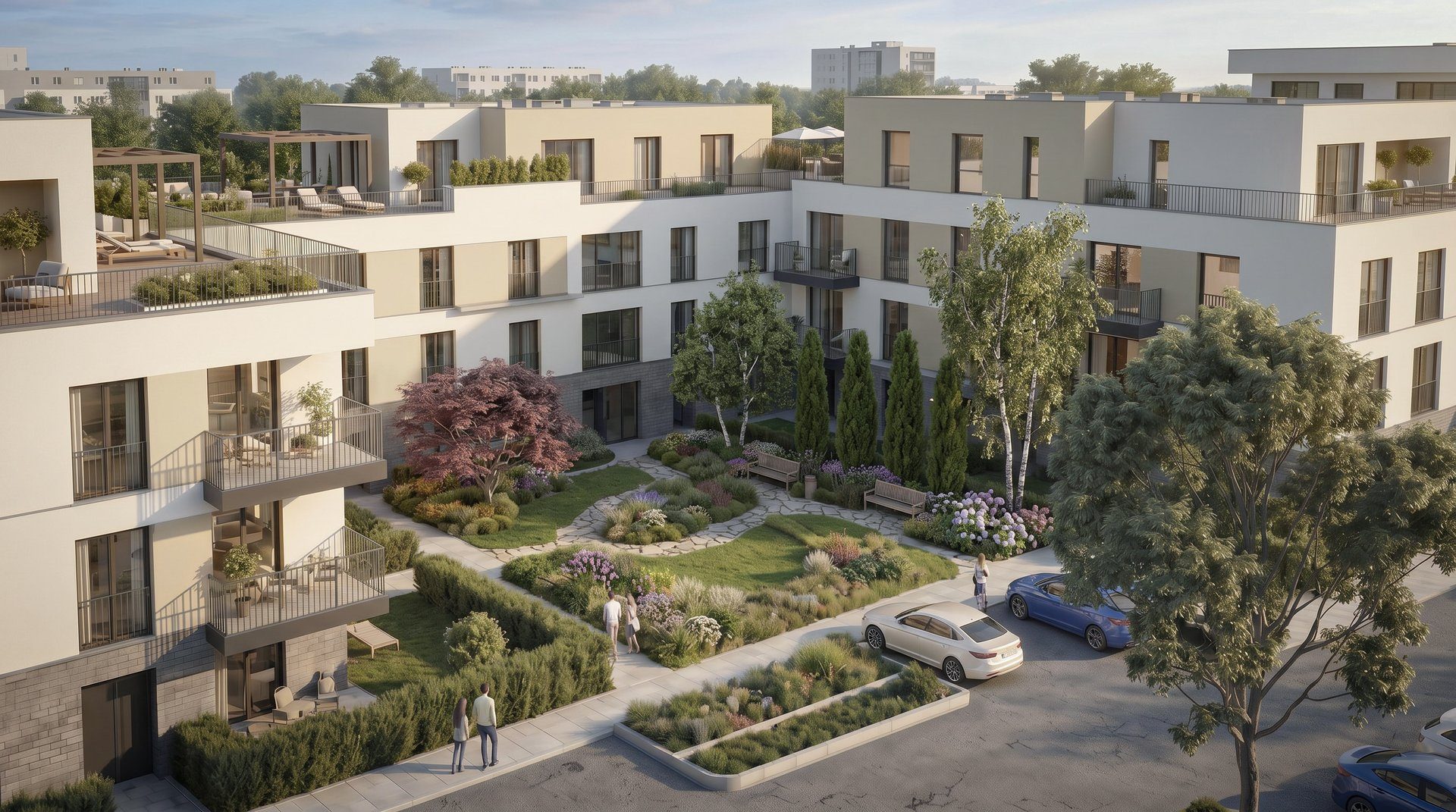 City Quartier Hofheim — Außenansicht mit Quartiersstraße, Bäumen und Wohngebäuden — vis-à-vis der Hofheimer Innenstadt