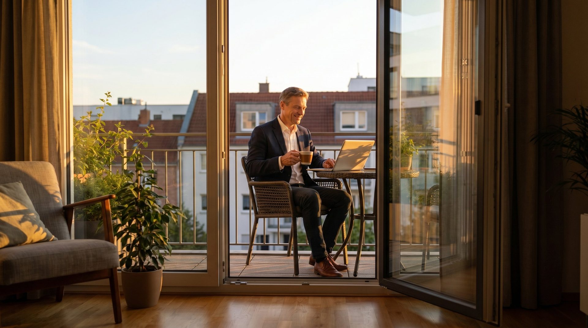 Hybrid-Office-Profi am Laptop auf dem Balkon, gesehen durch die offenen Balkontüren der Wohnung — City Quartier Hofheim
