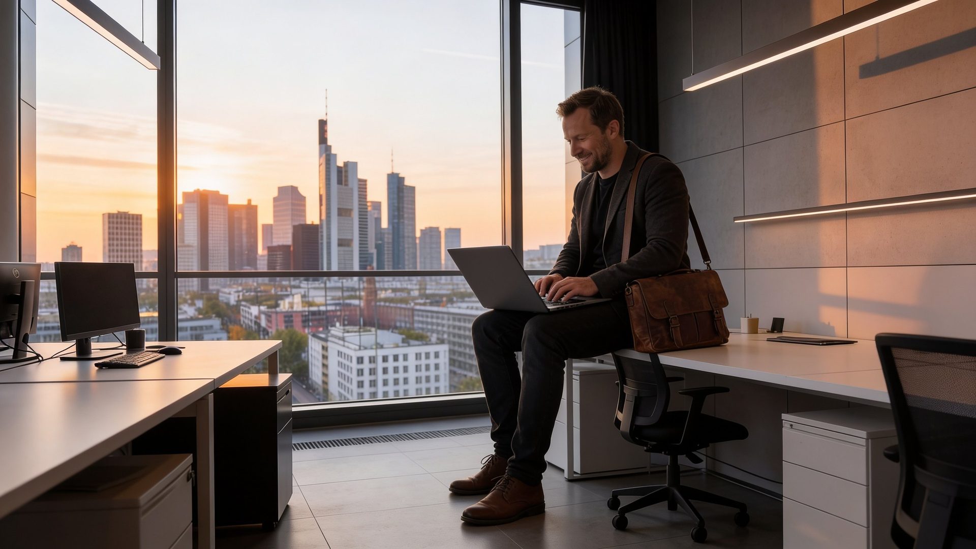 Kapitalanleger arbeitet im Frankfurter Büro mit Laptop, Skyline im Sonnenuntergang im Hintergrund — City Quartier Hofheim, Investment-Spoke