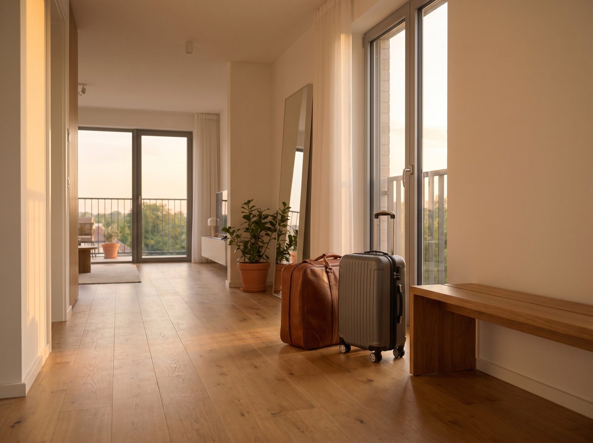 Koffer im Eingang einer Wohnung mit Abendsonne und Blick auf den Balkon — City Quartier Hofheim