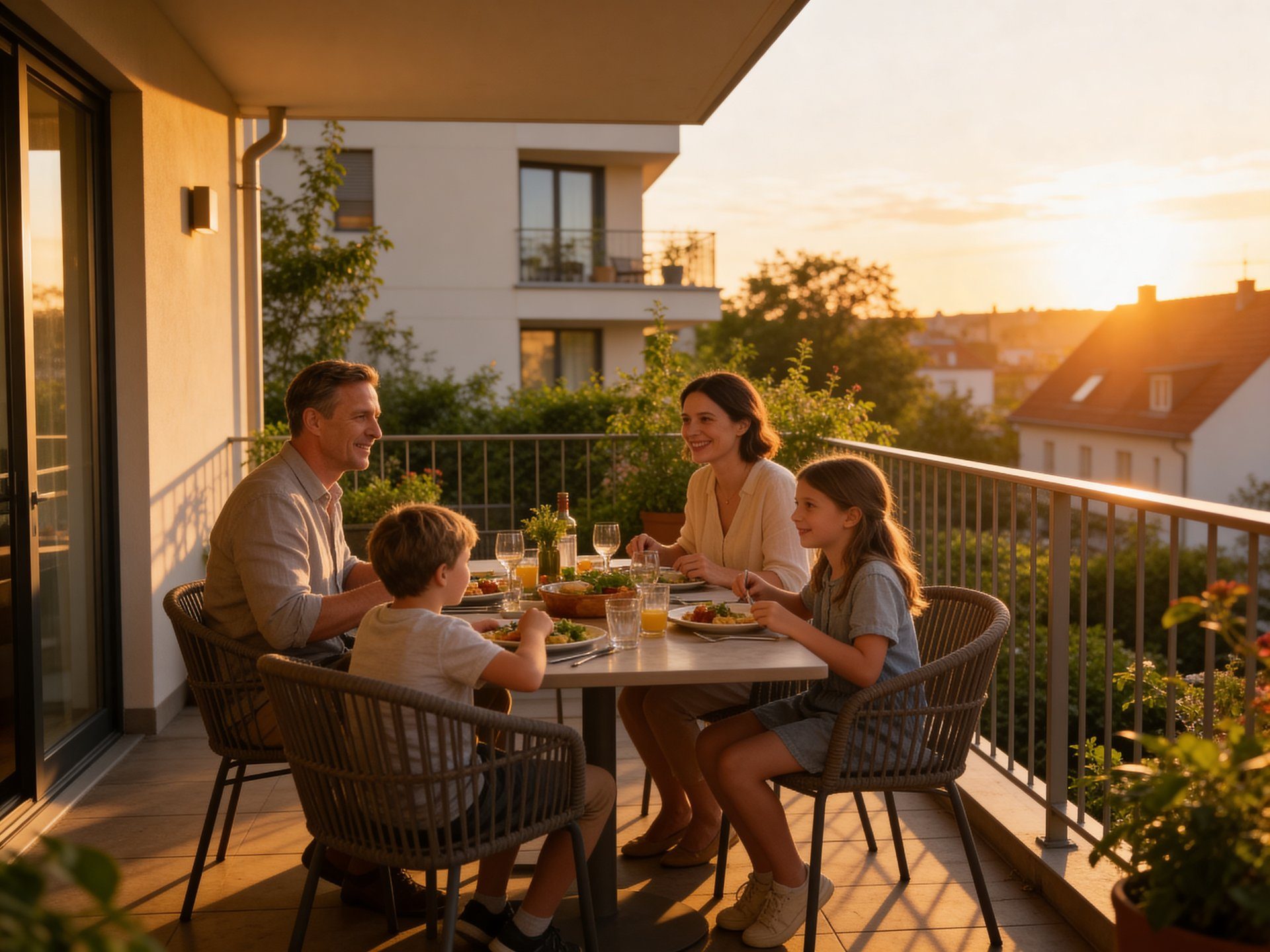 Familie beim Abendessen auf dem Balkon im Sonnenuntergang — City Quartier Hofheim