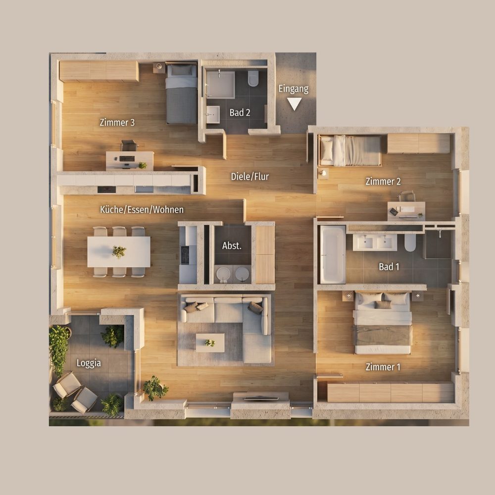 3D-Visualisierung 4-Zimmer-Wohnung A.2.W3