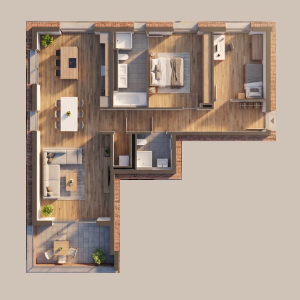 3D-Visualisierung 3-Zimmer-Wohnung B.1.W1