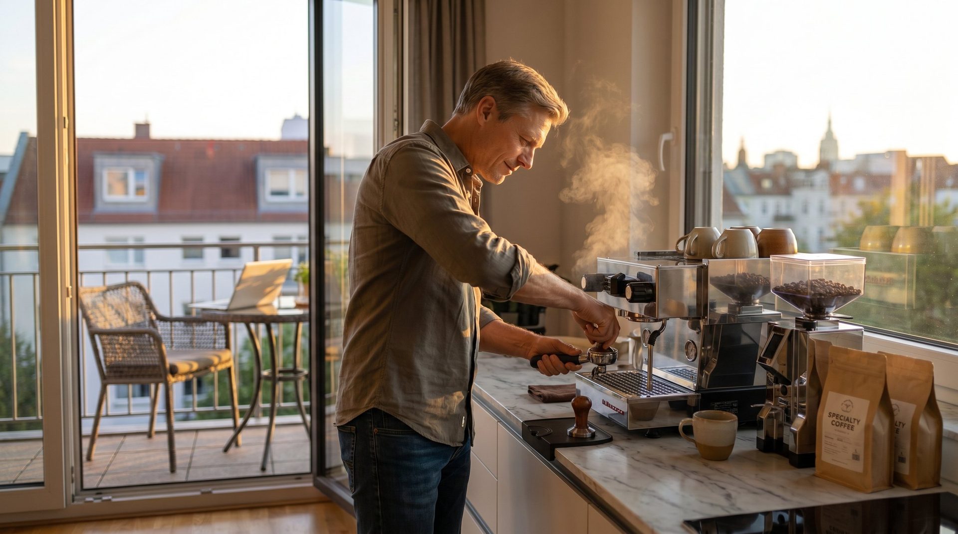 Pendler beim Espresso-Brühen in der eigenen Küche, Blick auf Hofheim-Skyline durch die Balkontüren — City Quartier