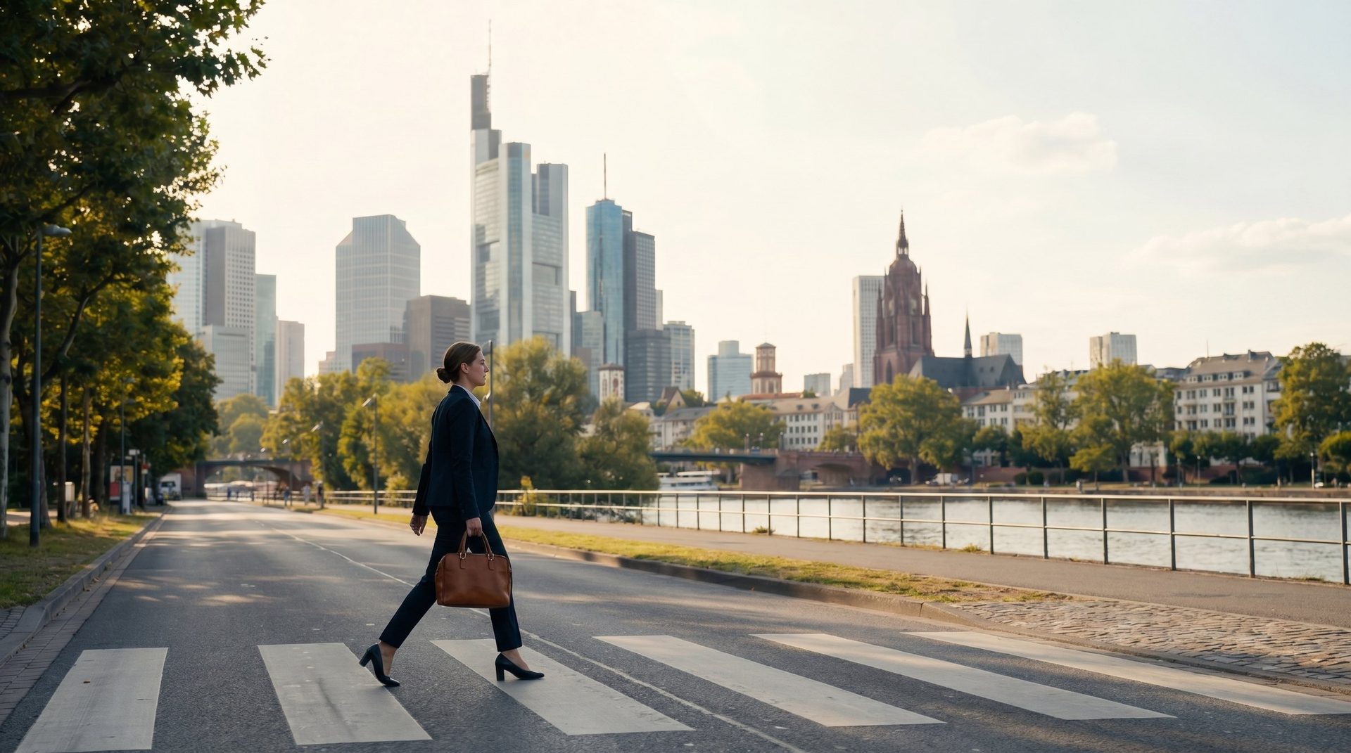 Pendlerin in Geschäftskleidung überquert eine Straße am Frankfurter Mainufer — Frankfurter Skyline im Hintergrund