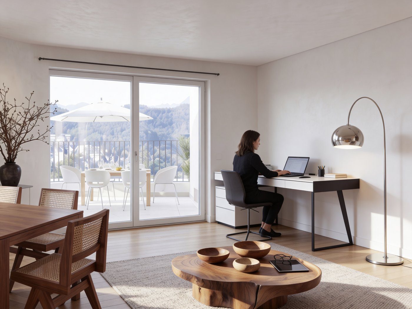 2-Zimmer-Wohnung mit Home-Office am Fenster und Balkonblick